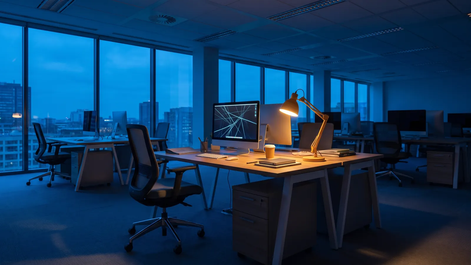 Ein leerer Bürostuhl an einem vorbereiteten Arbeitsplatz im dunklen Großraumbüro
