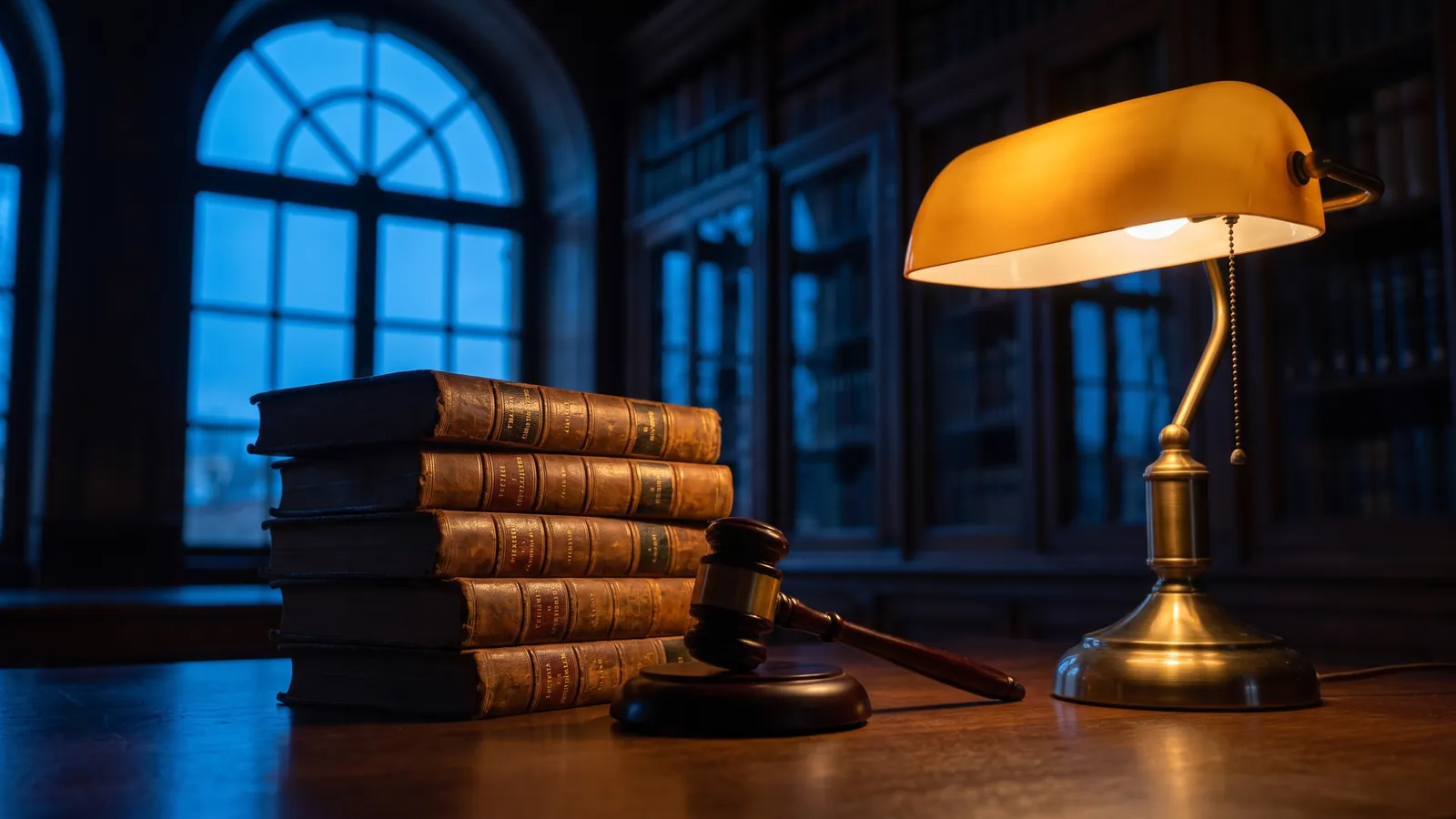 Stapel Gesetzesbände und ein Richterhammer auf dunklem Schreibtisch unter einer Messinglampe