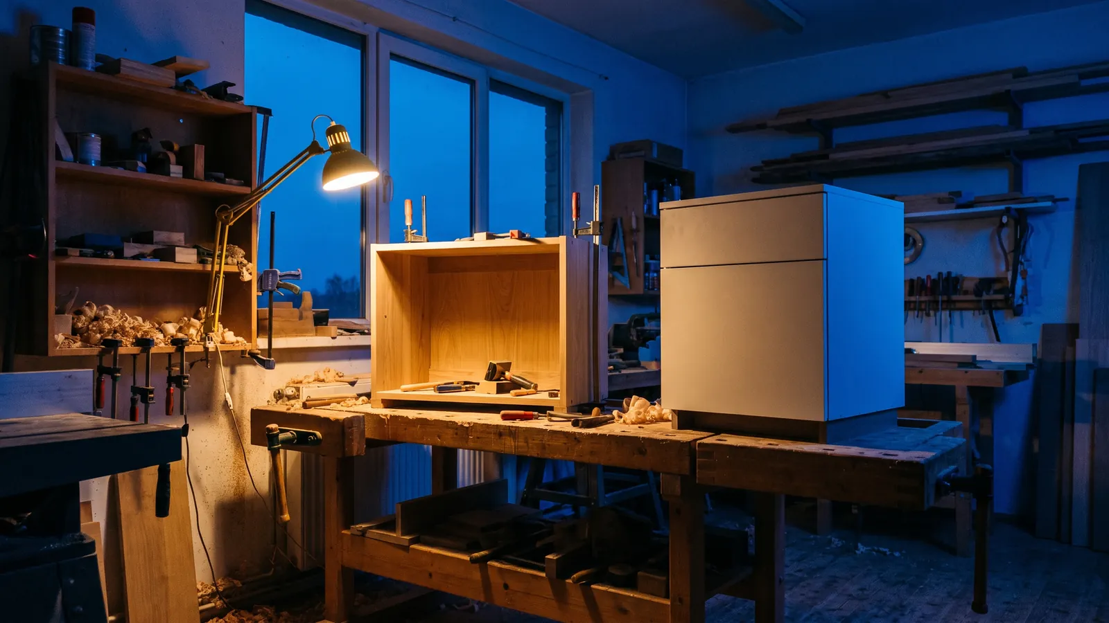 Werkbank bei Nacht mit einem halbfertigen Holzkorpus neben einem fertigen Industrieschrank