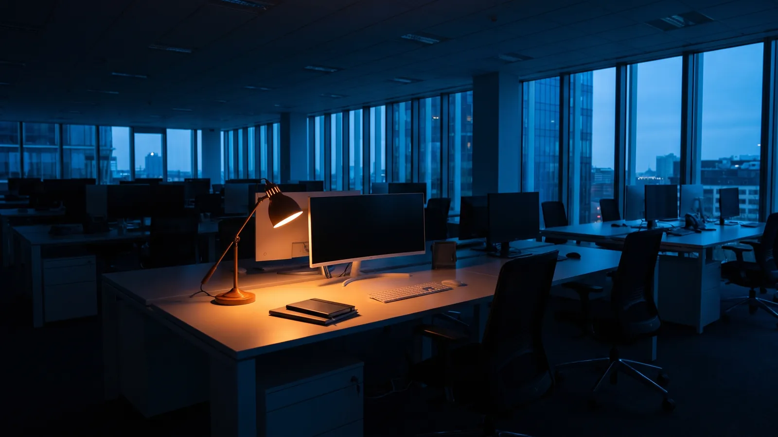 Einzelne leuchtende Schreibtischlampe über einem leeren Arbeitsplatz im weiten dunklen Büro