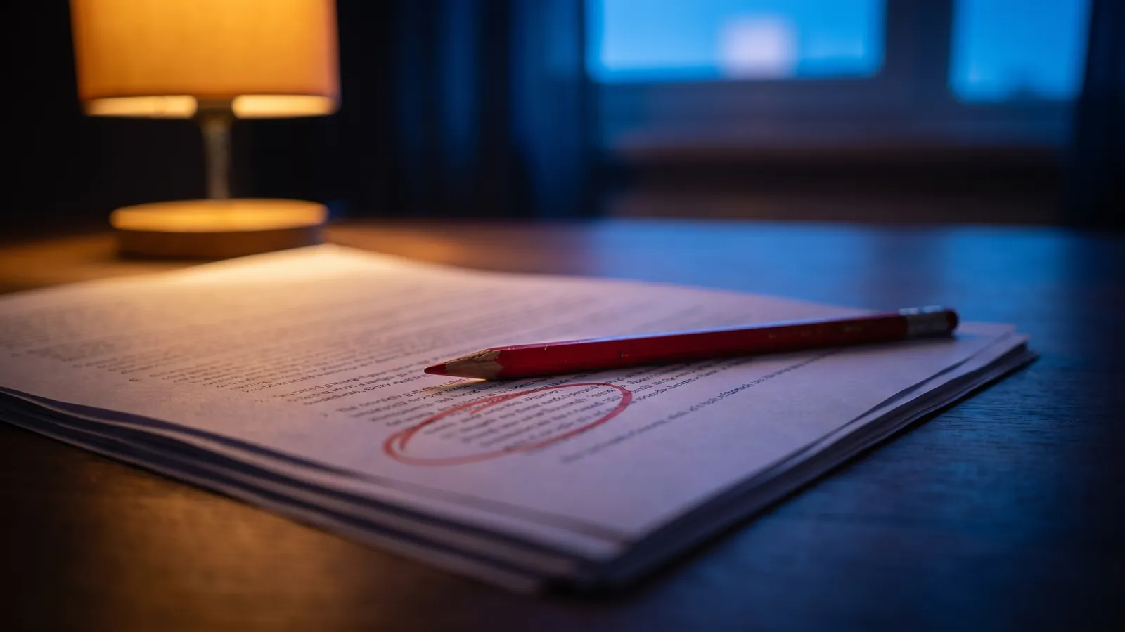 Rotstift auf einem Dokument mit einer rot eingekreisten Stelle unter warmem Lampenlicht
