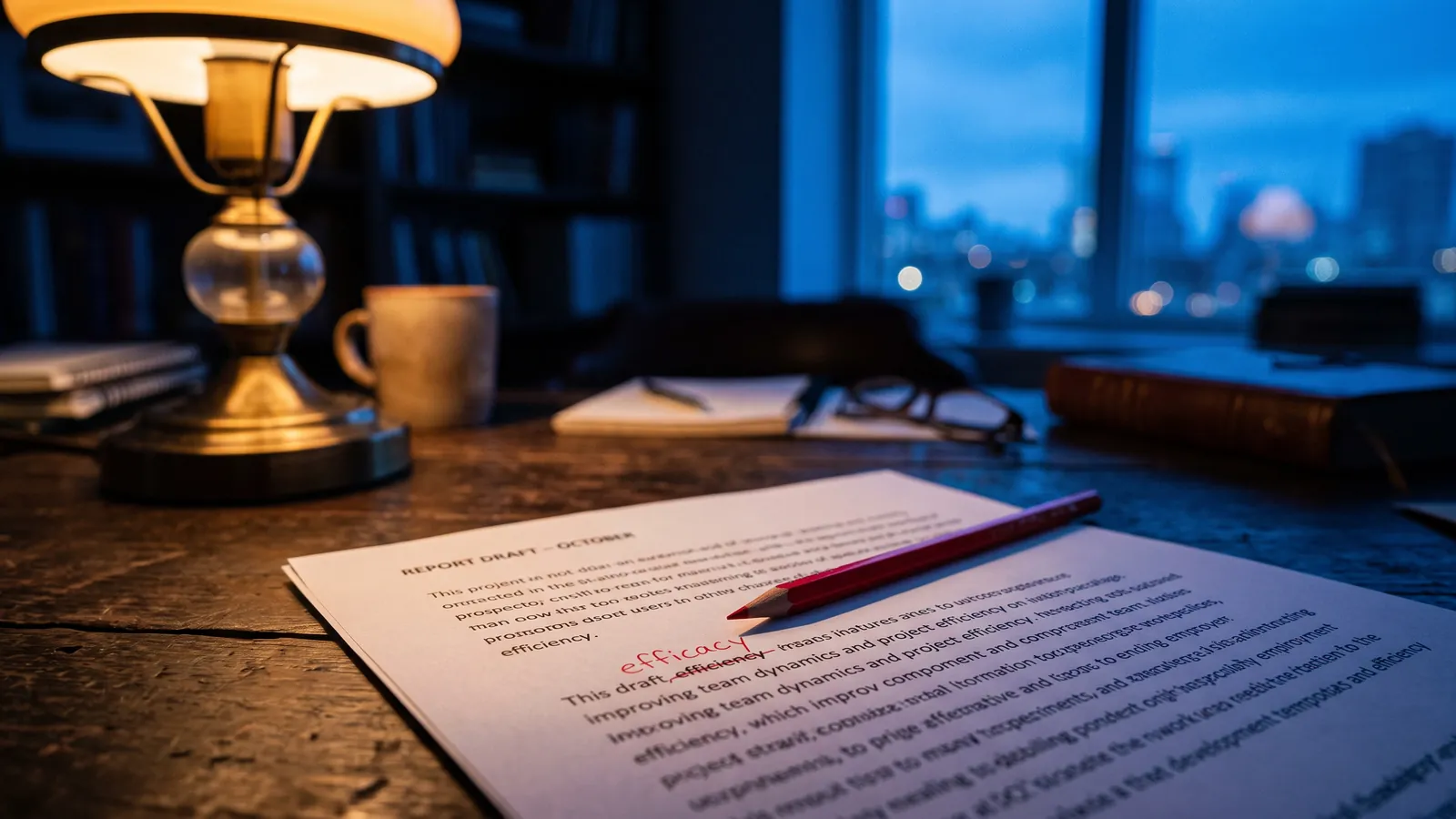 Rotstift auf einem ausgedruckten Dokument mit einer markierten Korrektur unter warmem Lampenlicht