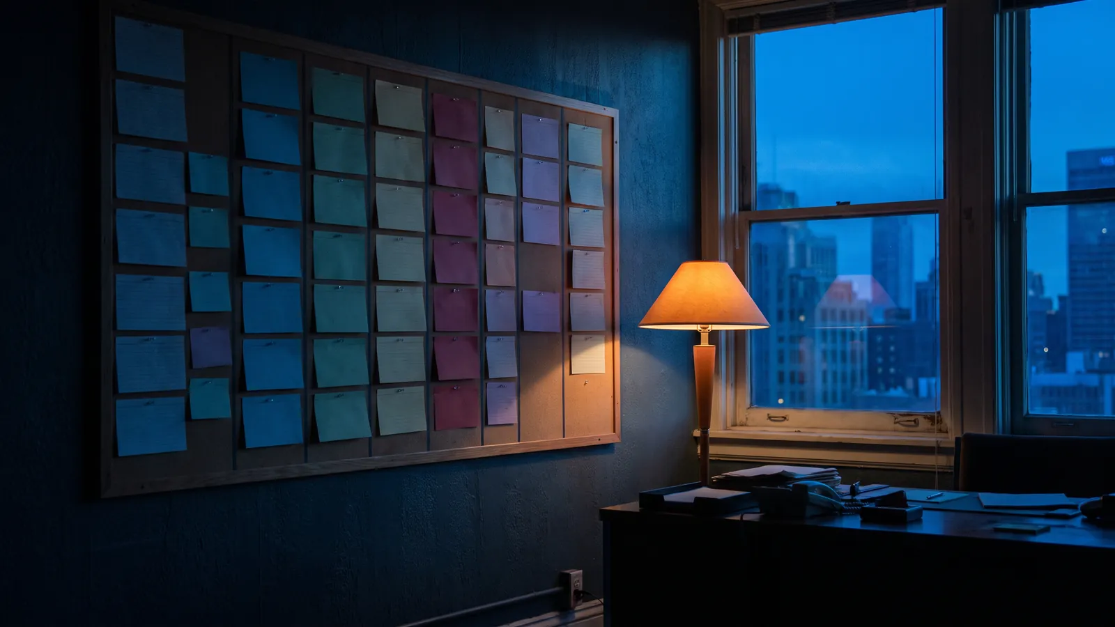 Plantafel mit farbigen Karten in Spalten, von einer warmen Lampe angestrahlt