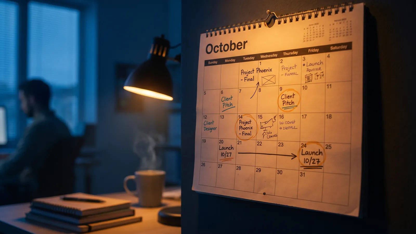 Wandkalender mit handschriftlichen Projektnotizen im Halbdunkel, warmes Licht auf dem aktuellen Monat