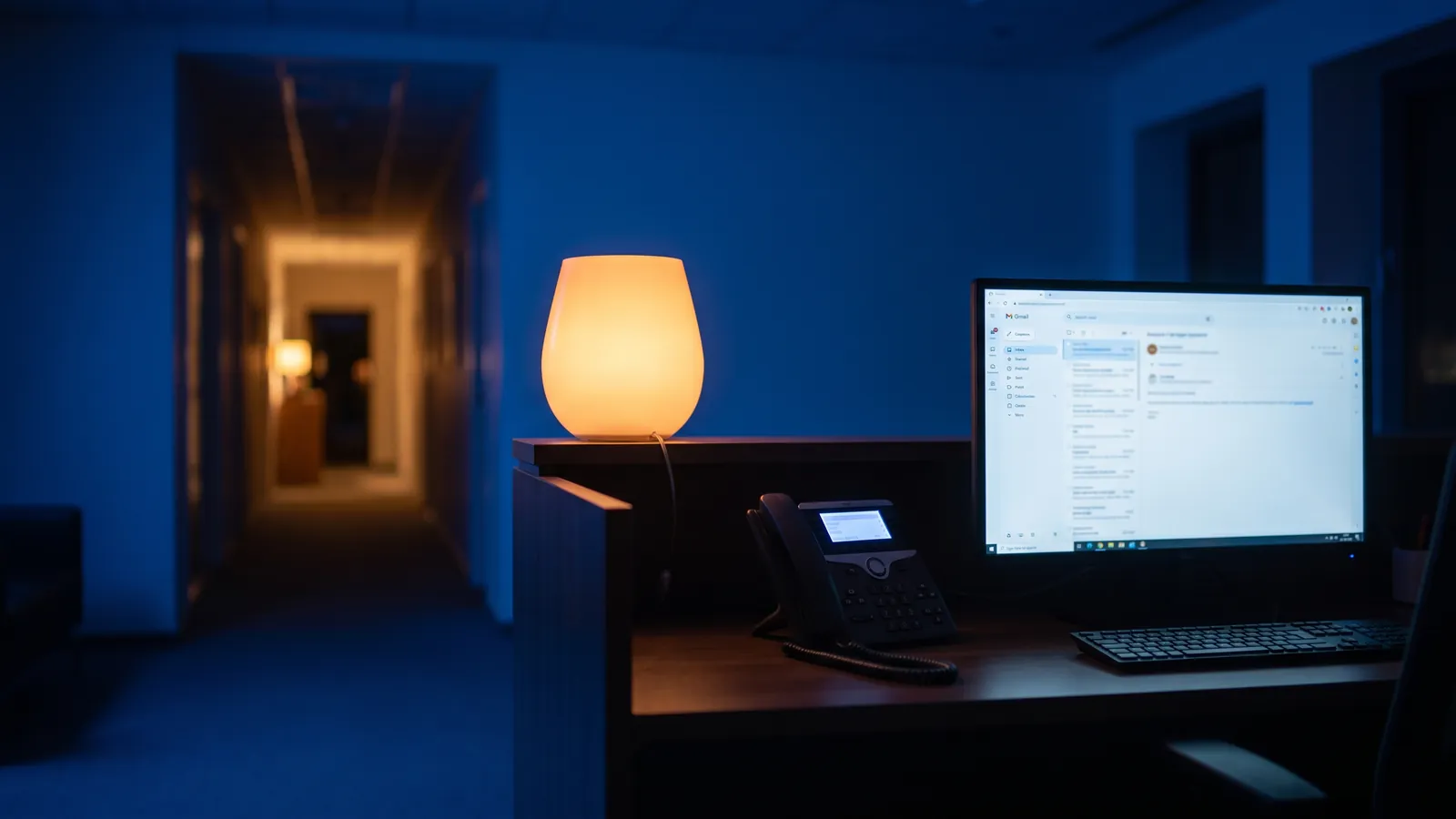 Verwaister Empfangstresen bei Nacht, Bildschirm mit geöffnetem Postfach, warmes Licht aus dem Flur