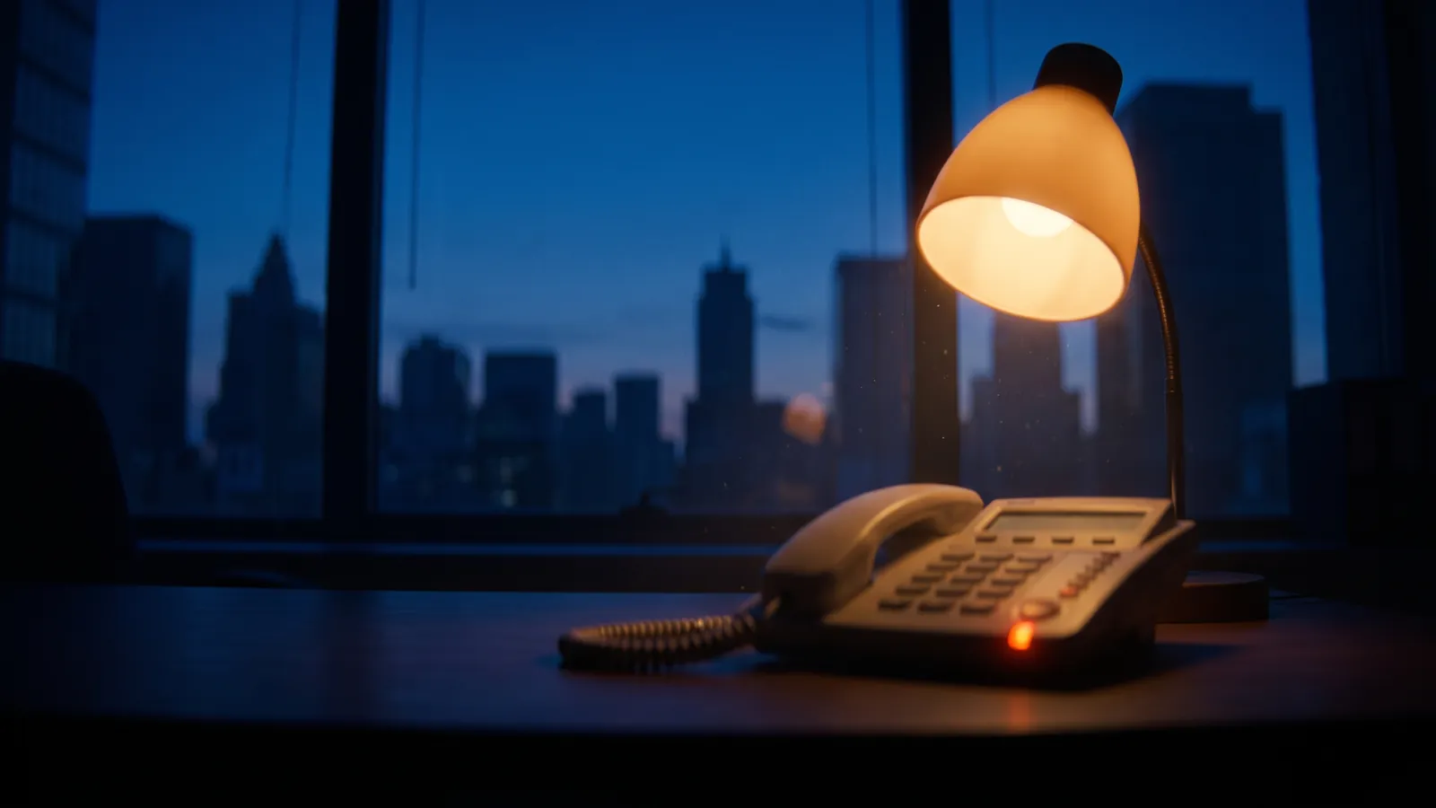 Telefon auf einem leeren Schreibtisch nach Feierabend, Dämmerung im Fenster