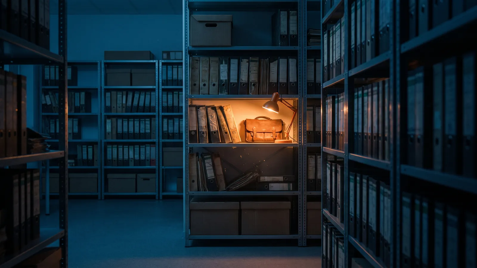 Firmenarchiv mit hohen Ordnerregalen im Halbdunkel, ein Regalfach warm beleuchtet