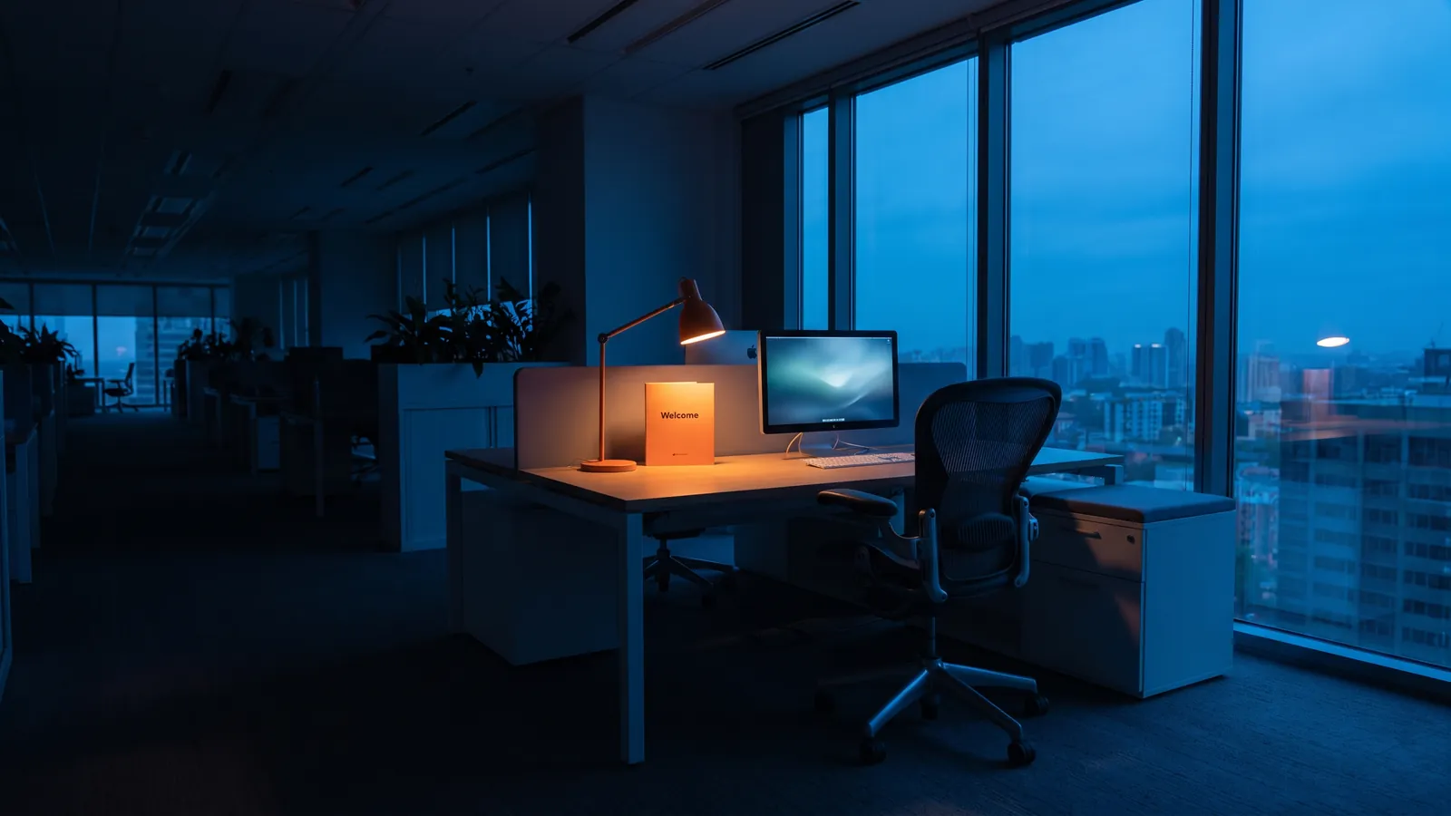 Frisch eingerichteter Arbeitsplatz am frühen Morgen mit leerem Stuhl und Willkommensmappe