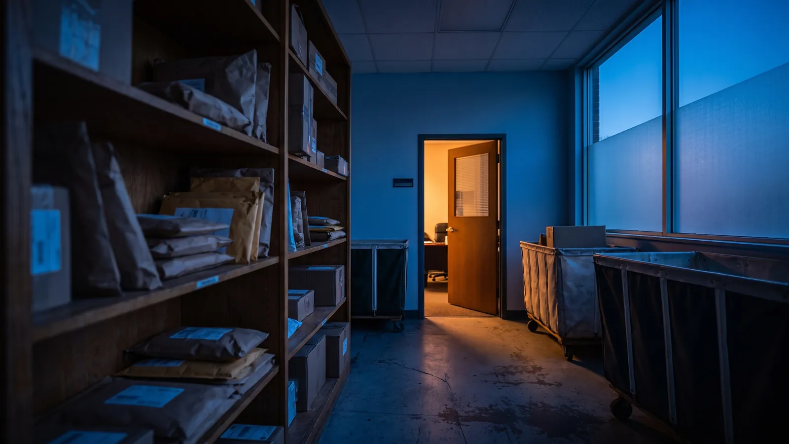 Postfachregal mit Briefen und Paketen bei Nacht, Licht aus einer offenen Bürotür