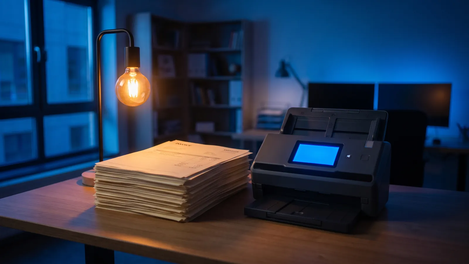 Stapel Eingangsrechnungen neben einem Dokumentenscanner im dunklen Büro