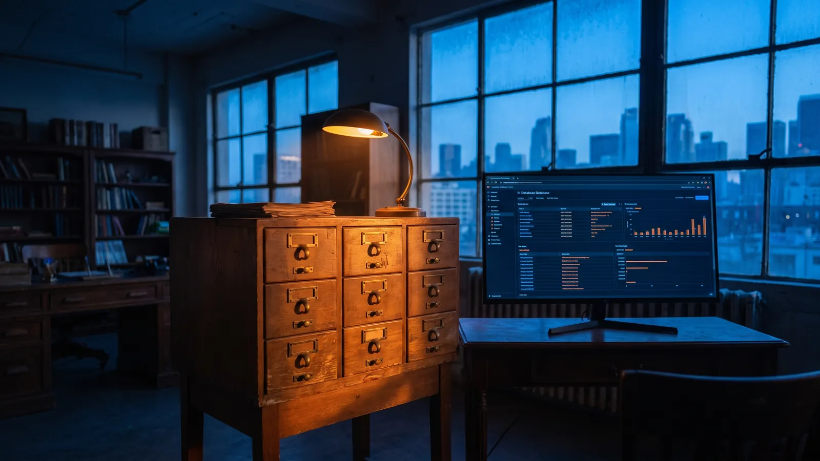Alter Karteikartenschrank neben einem modernen Bildschirm mit Datenbank im dunklen Büro