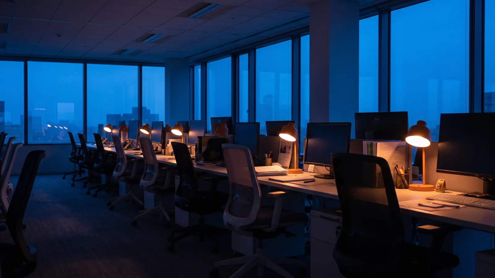 Reihe leerer Arbeitsplätze im dunklen Büro, jeder von einer eigenen warmen Lampe beleuchtet