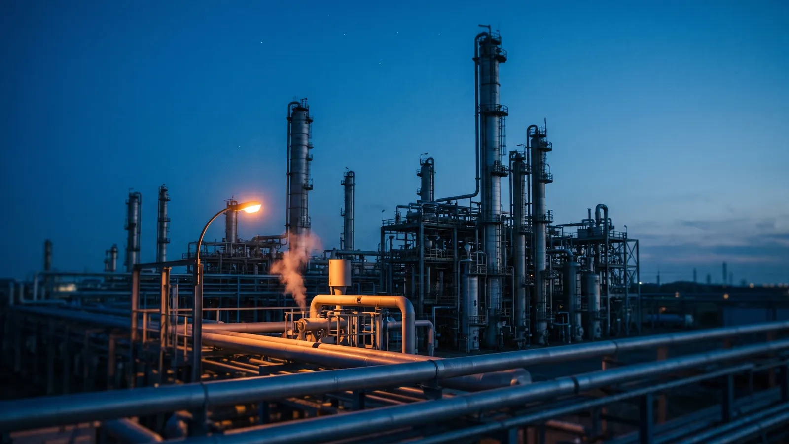 Chemieanlage bei Nacht mit Rohrleitungen, Kolonnen und bernsteinfarbenen Industrielichtern