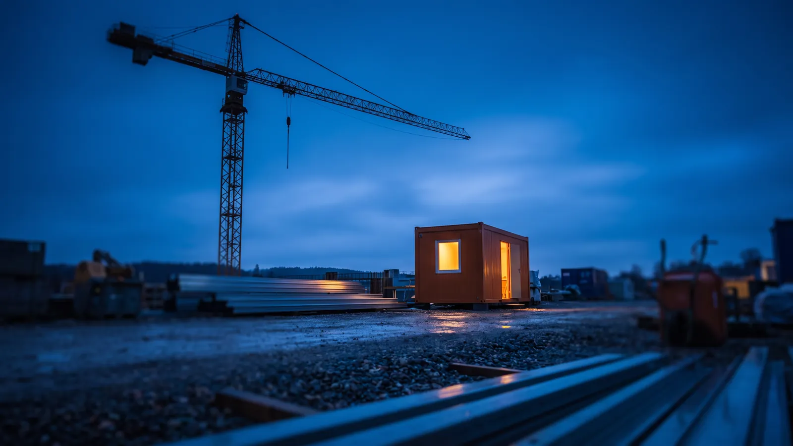 Baustelle zur blauen Stunde mit Kran-Silhouette und warm beleuchtetem Baucontainer