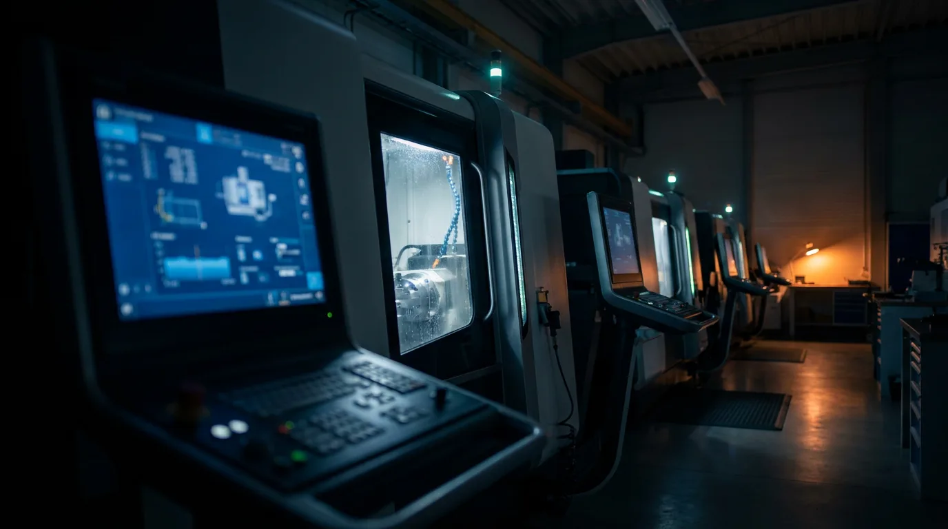 Moderne CNC-Fertigung bei Nacht, Maschinenterminal mit blau leuchtender Anzeige