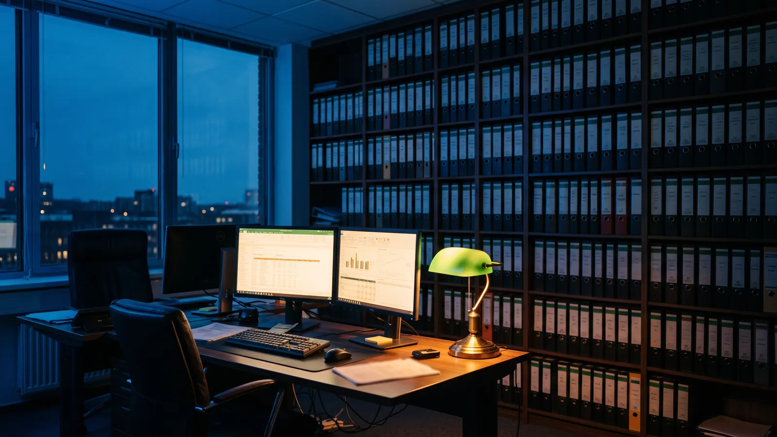Kanzleibüro bei Nacht mit Mandantenordnern, zwei Bildschirmen und klassischer Schreibtischlampe