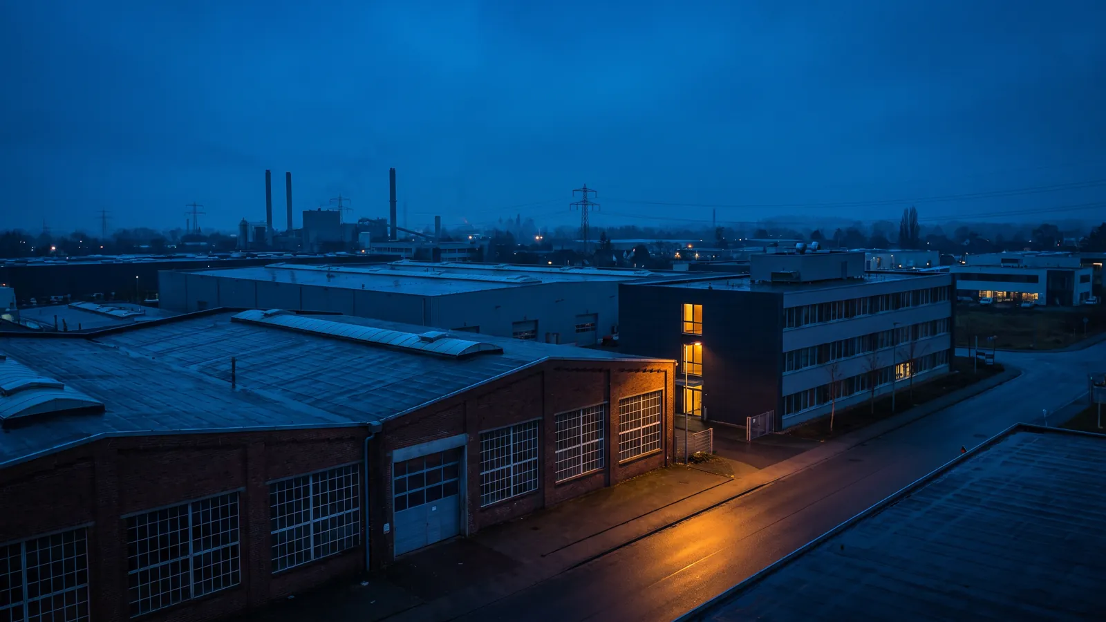 Gemischtes Gewerbegebiet zur blauen Stunde, Werkhalle und Bürogebäude nebeneinander, einzelne warm erleuchtete Fenster