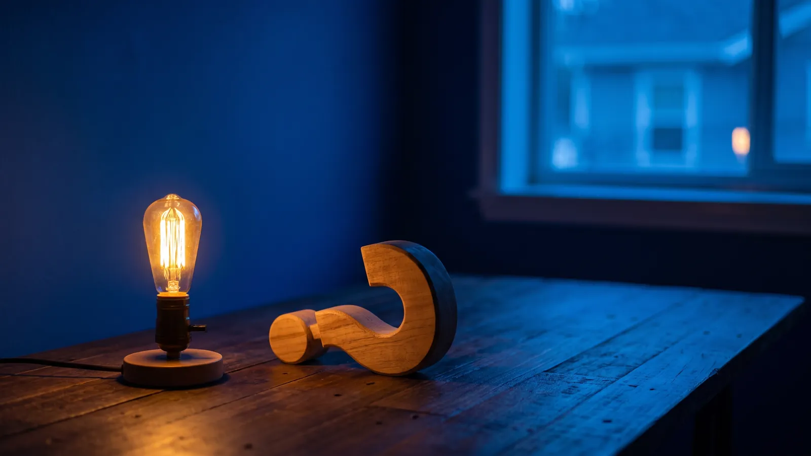 Hölzernes Fragezeichen auf einem dunklen Schreibtisch neben einer warmen Lampe