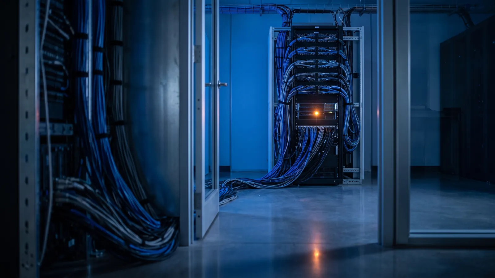 Offene Serverraumtür mit sauber gebündelten Kabeln, die in ein Rack laufen, tiefblaues Licht