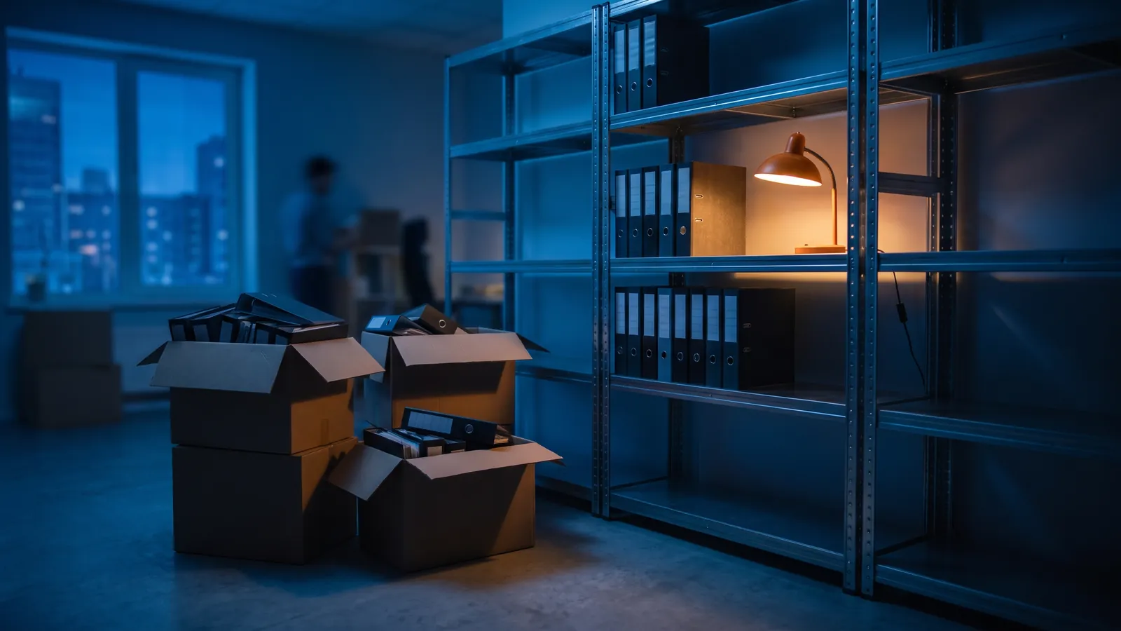 Umzugskartons voller Ordner neben neuen Regalen, ein Fach bereits eingeräumt und beleuchtet