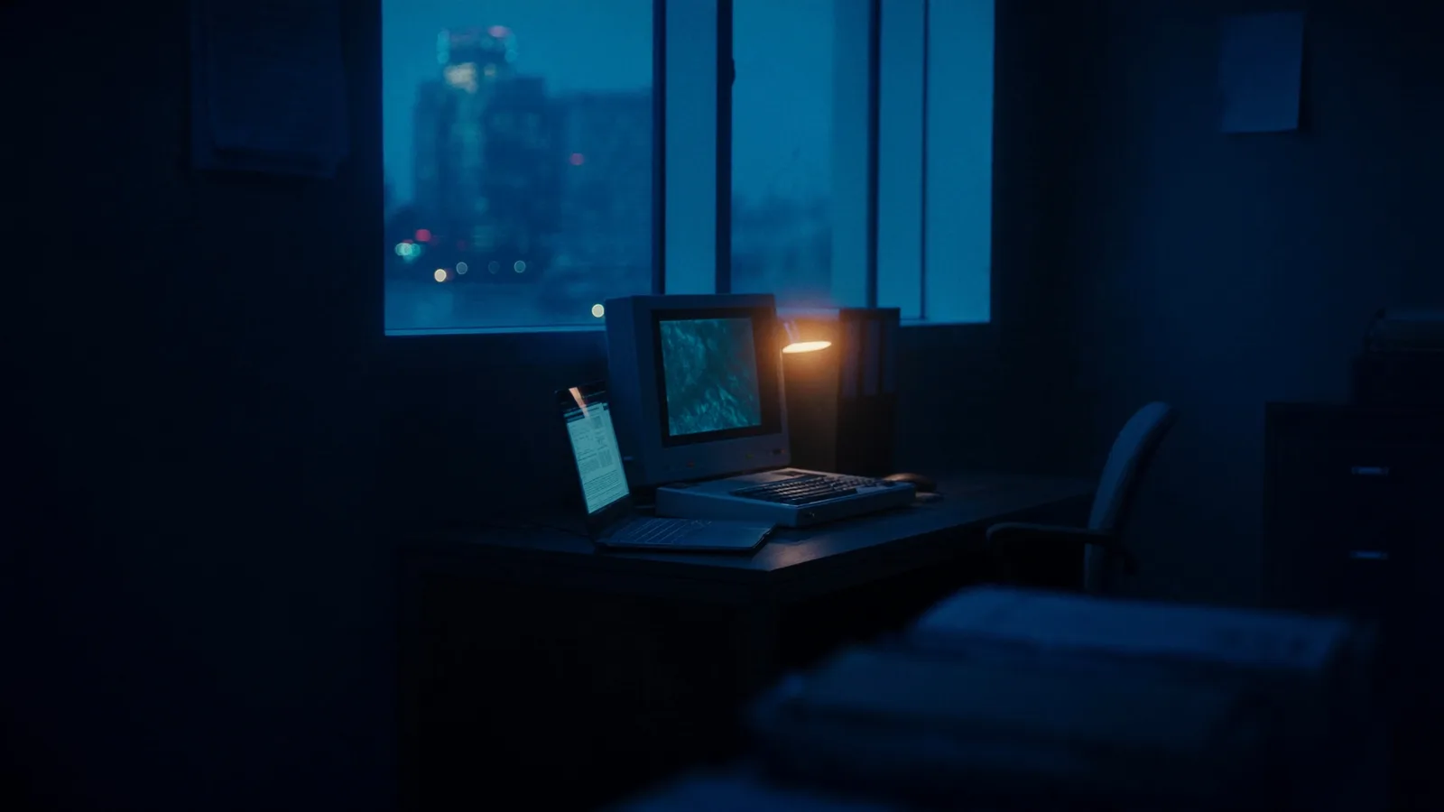 Aufgeklappter Laptop neben einem älteren Fachbildschirm auf einem Schreibtisch am Fenster, eine warme Lampe dazwischen