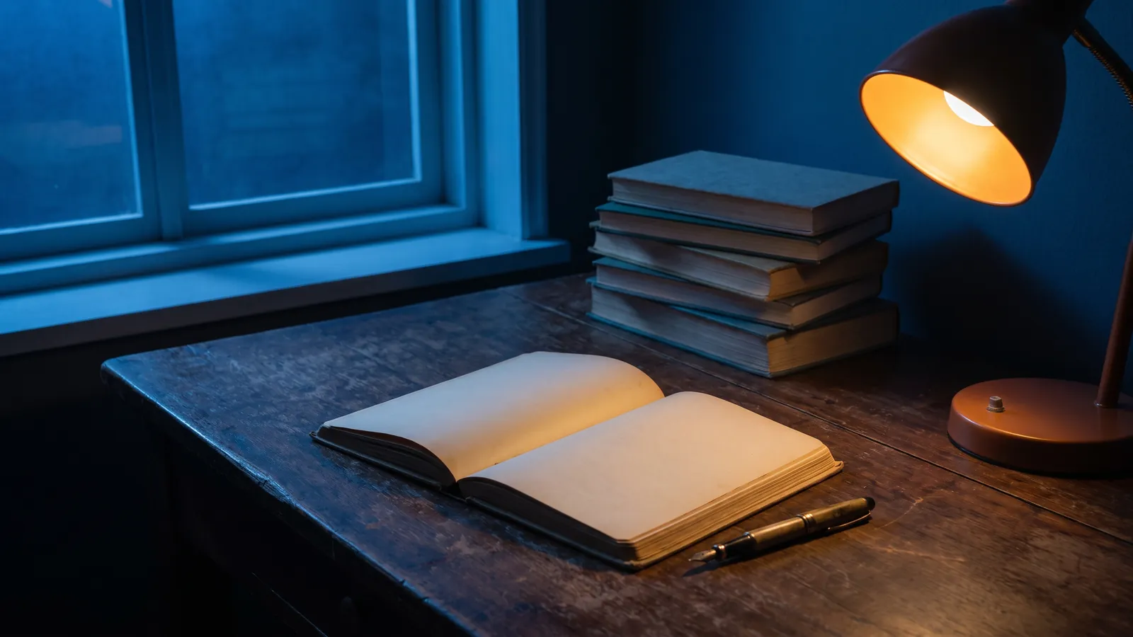 Aufgeschlagenes Notizbuch mit Füllfederhalter neben einem Bücherstapel unter einer warmen Leselampe