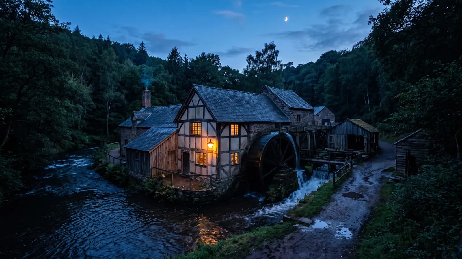 Historische Papiermühle mit Wasserrad im bewaldeten Tal in der Dämmerung