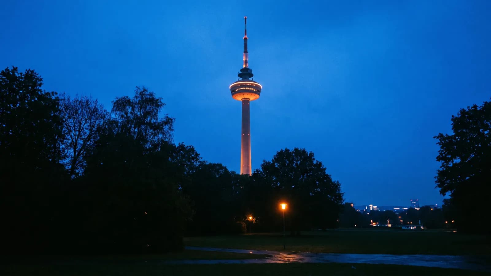 Florianturm über den dunklen Bäumen des Westfalenparks zur blauen Stunde