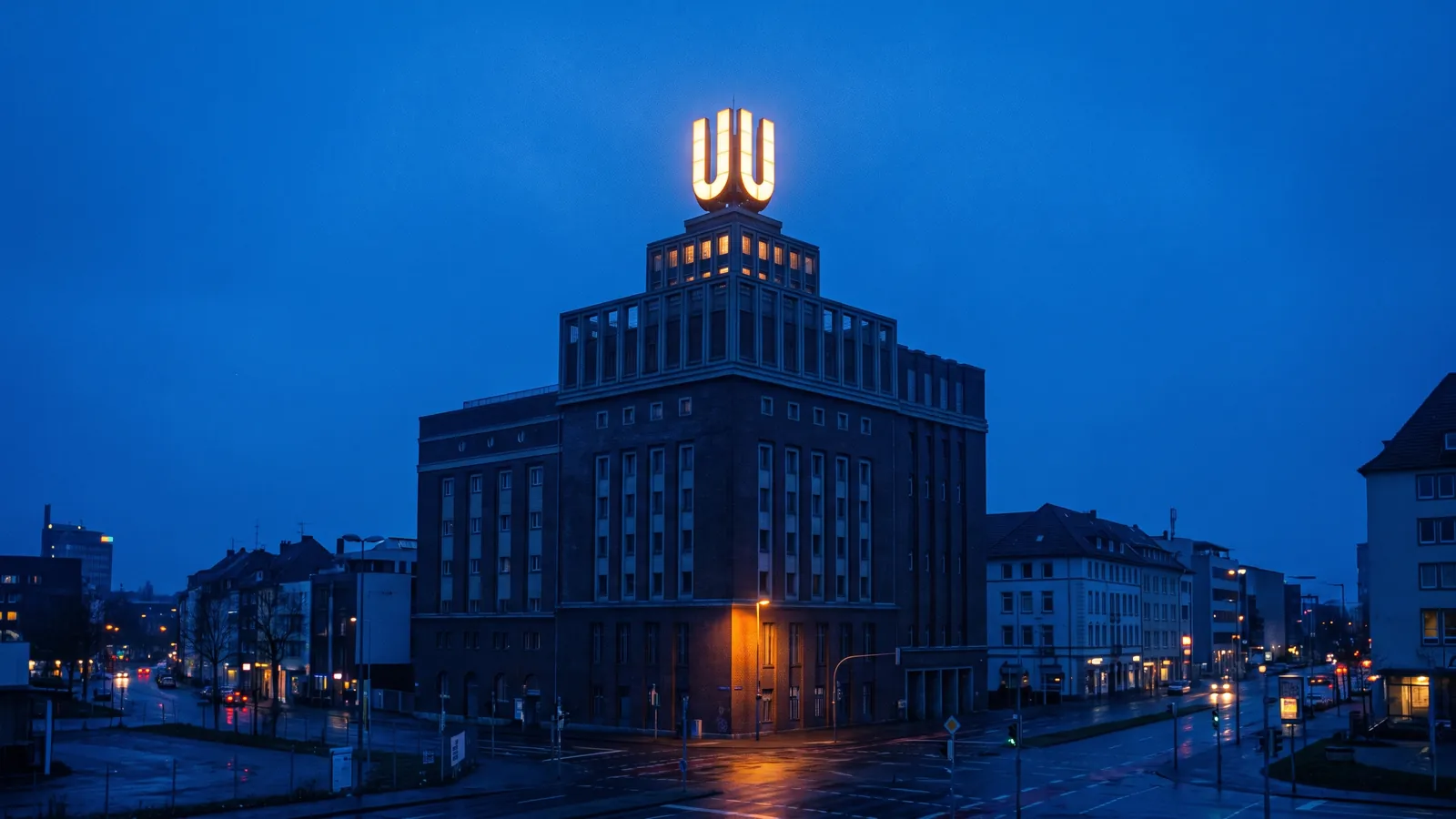 Dortmunder U bei Nacht mit leuchtendem U auf dem Dach vor tiefblauem Himmel