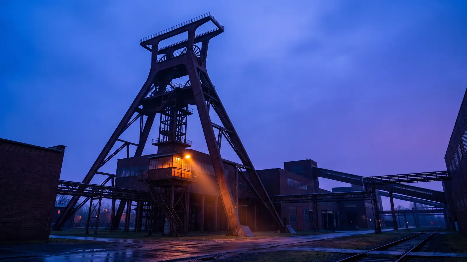 Doppelbock-Fördergerüst der Zeche Zollverein, beleuchtet zur blauen Stunde