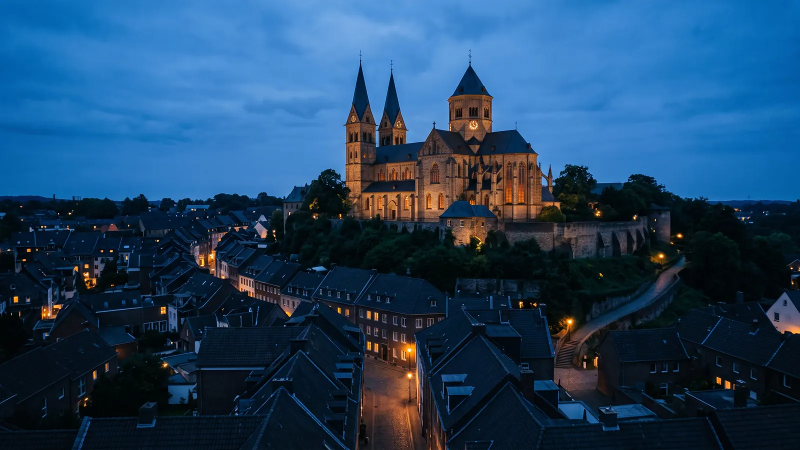 Münster über den Dächern der Altstadt zur blauen Stunde mit warm leuchtenden Fenstern