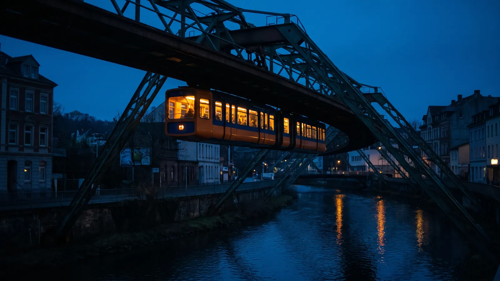 Wuppertaler Schwebebahn über der Wupper in der Dämmerung mit warm beleuchteter Kabine