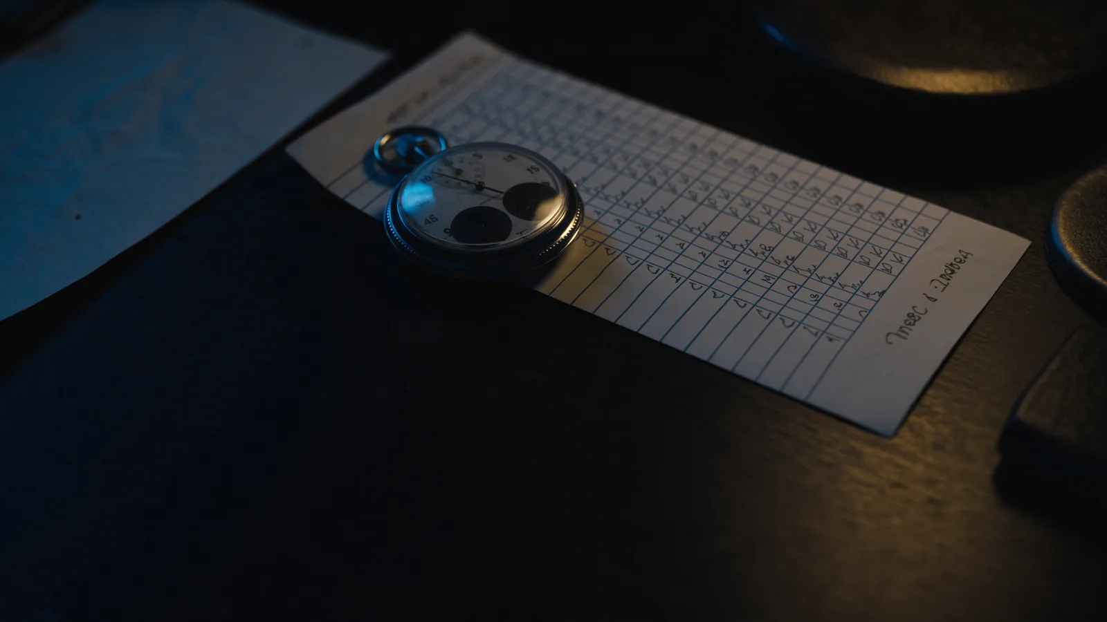 Mechanische Stoppuhr neben einem Blatt mit Strichliste auf dunklem Schreibtisch, eine warme Lampe von rechts