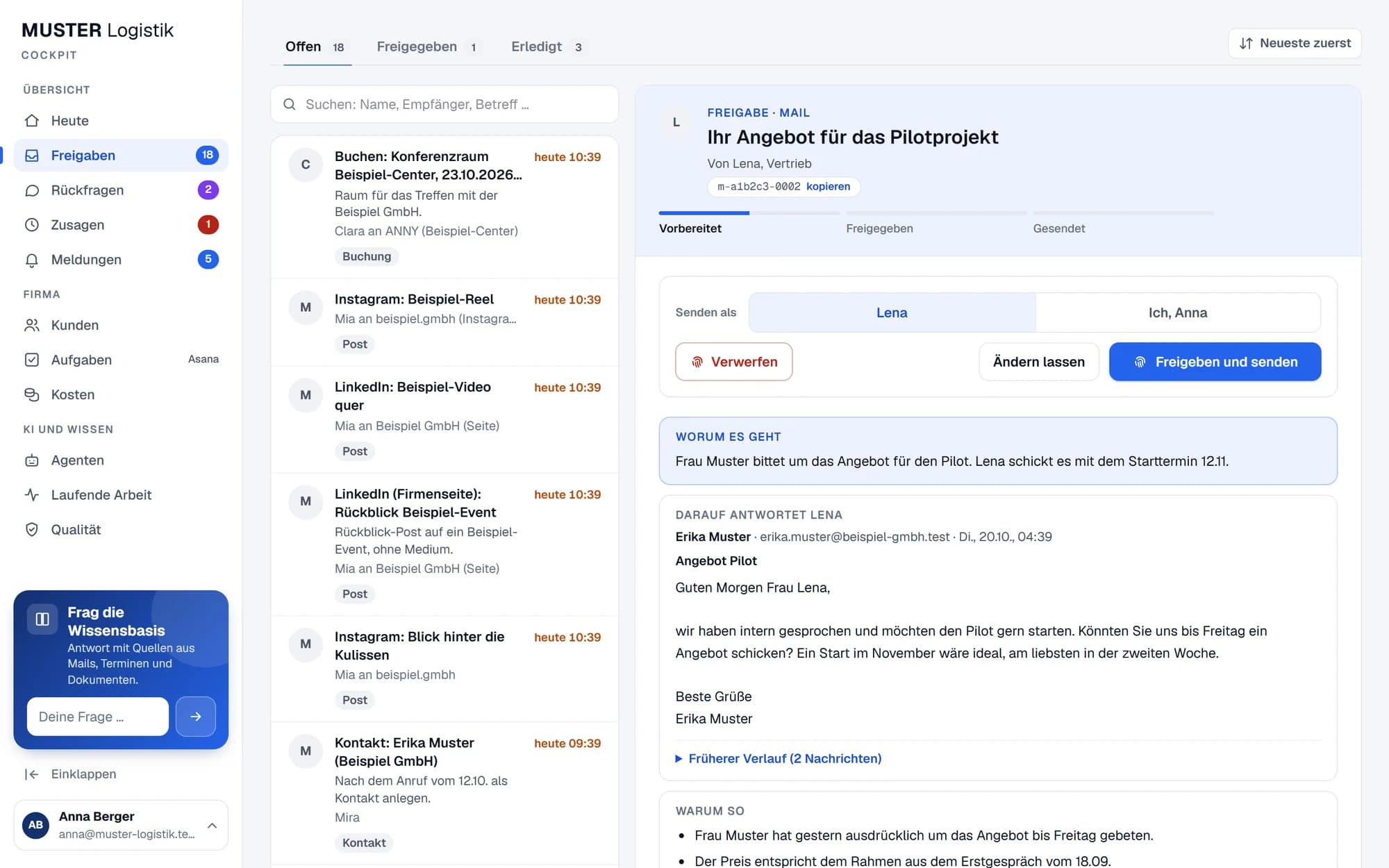 Cockpit: eine Mail des Vertriebsagenten wartet auf Freigabe, mit Zusammenfassung, Kundenmail und Begründung