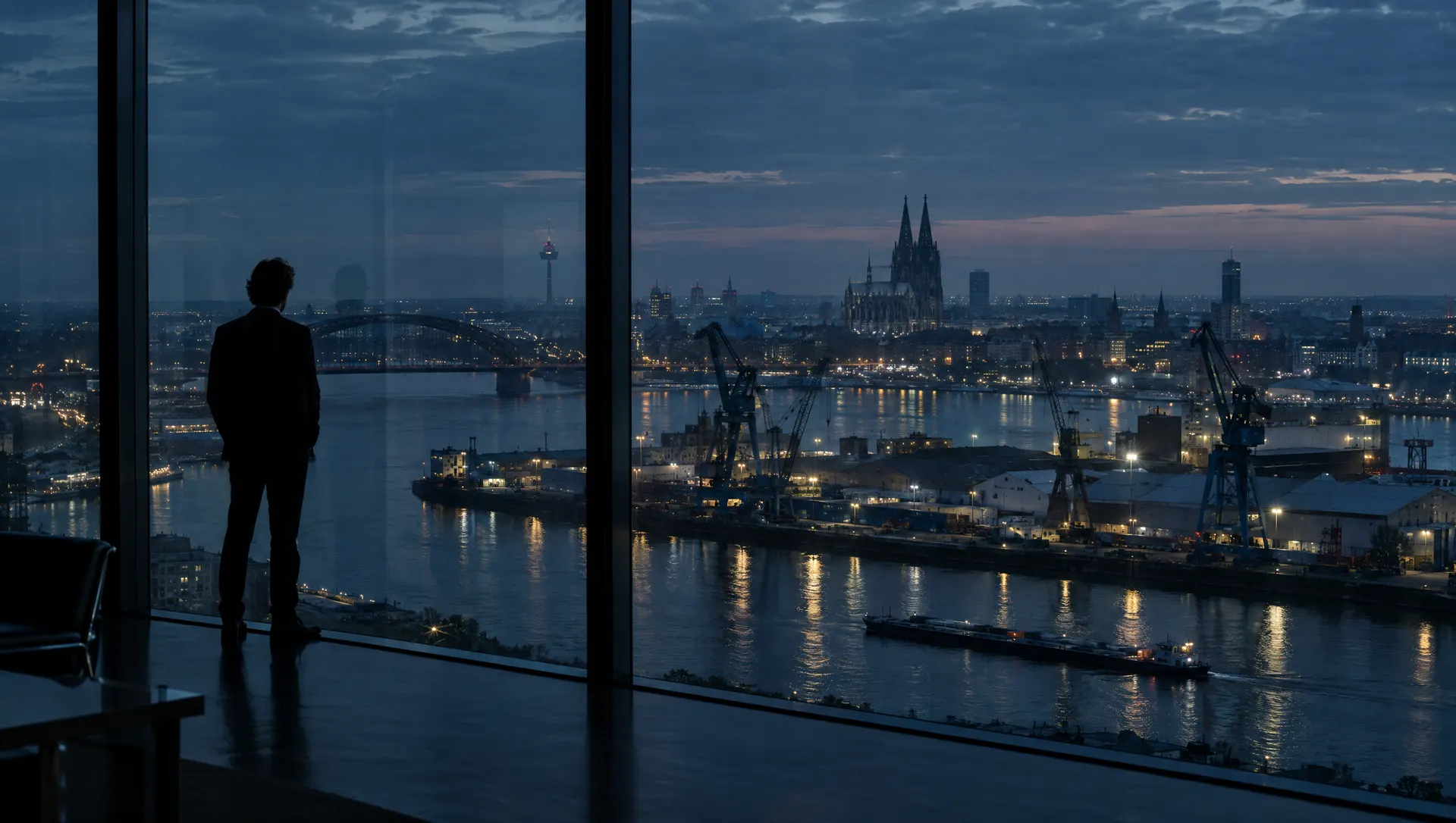 Blick aus einem Büro auf den Kölner Hafen und den Dom zur blauen Stunde